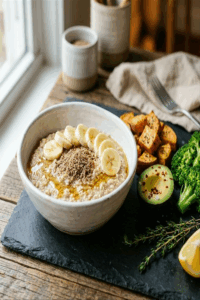 Week 1 gut reset clean-slate meal: steel-cut oats with banana, roasted sweet potato, avocado, and steamed broccoli