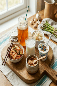 Probiotic foods for gut health: kombucha, kimchi, kefir, miso paste, Greek yogurt, and sauerkraut on a wooden cutting board