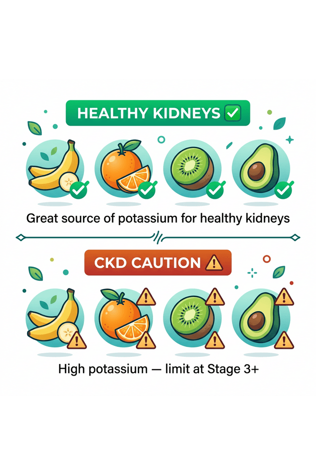 Healthy kidneys vs CKD caution comparison — bananas, oranges, kiwi, avocado safe for healthy kidneys but high potassium for CKD Stage 3+