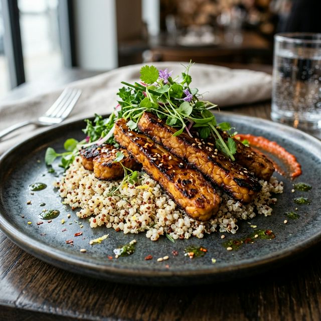 Golden seared tempeh strips served over quinoa, showcasing a Tier 1 high-absorption protein source
