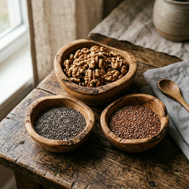 Wooden bowls of walnuts, chia seeds, and flaxseeds for hormone balance