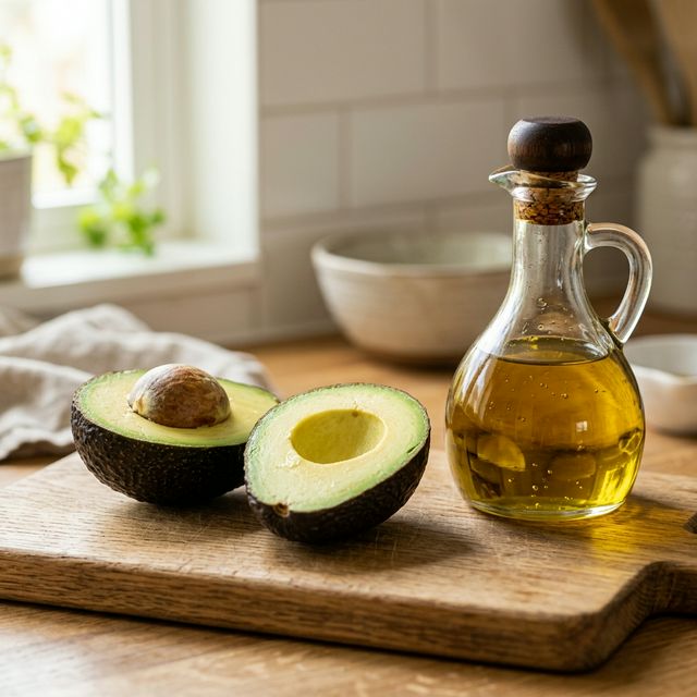 Macro shot of a sliced avocado and extra virgin olive oil, illustrating fats as hormone precursors