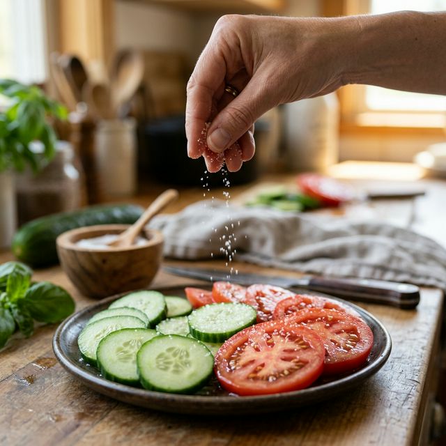 Hand sprinkling sea salt onto cucumbers