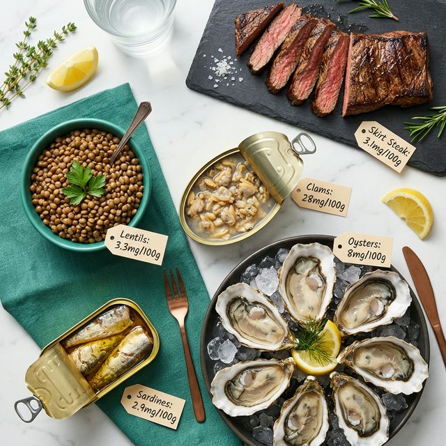 Top iron rich foods for women ranked by bioavailable iron — clams, oysters, steak and lentils