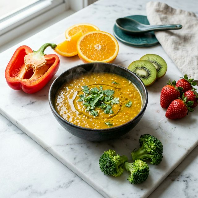 Iron rich foods for women paired with Vitamin C — lentil soup with bell peppers and citrus boost absorption