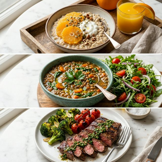 Daily iron rich foods meal plan for women — oatmeal breakfast, lentil soup lunch, steak dinner