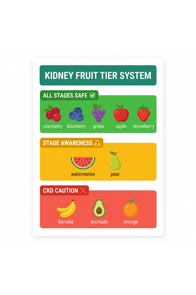 Kidney Fruit Tier System infographic — green tier all-stages-safe, yellow tier stage awareness, red tier CKD caution fruits fully labeled
