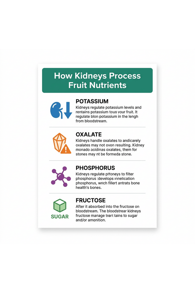 How kidneys process nutrients from fruit — potassium, oxalate, phosphorus, and fructose filtering infographic showing kidney function