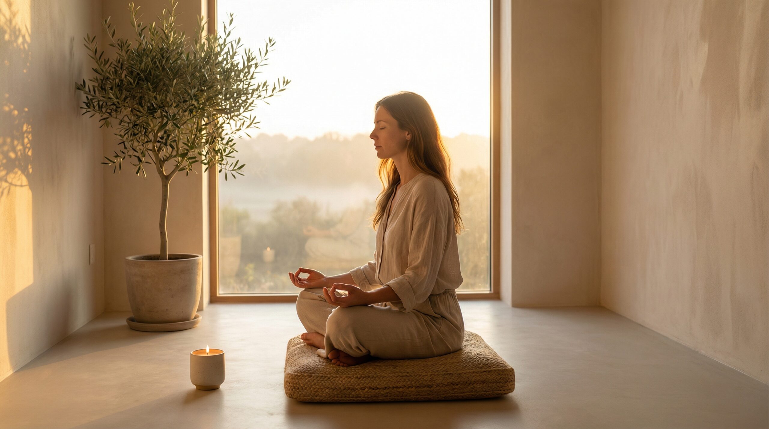 Woman meditating in peaceful space representing Level 1 inner transformation