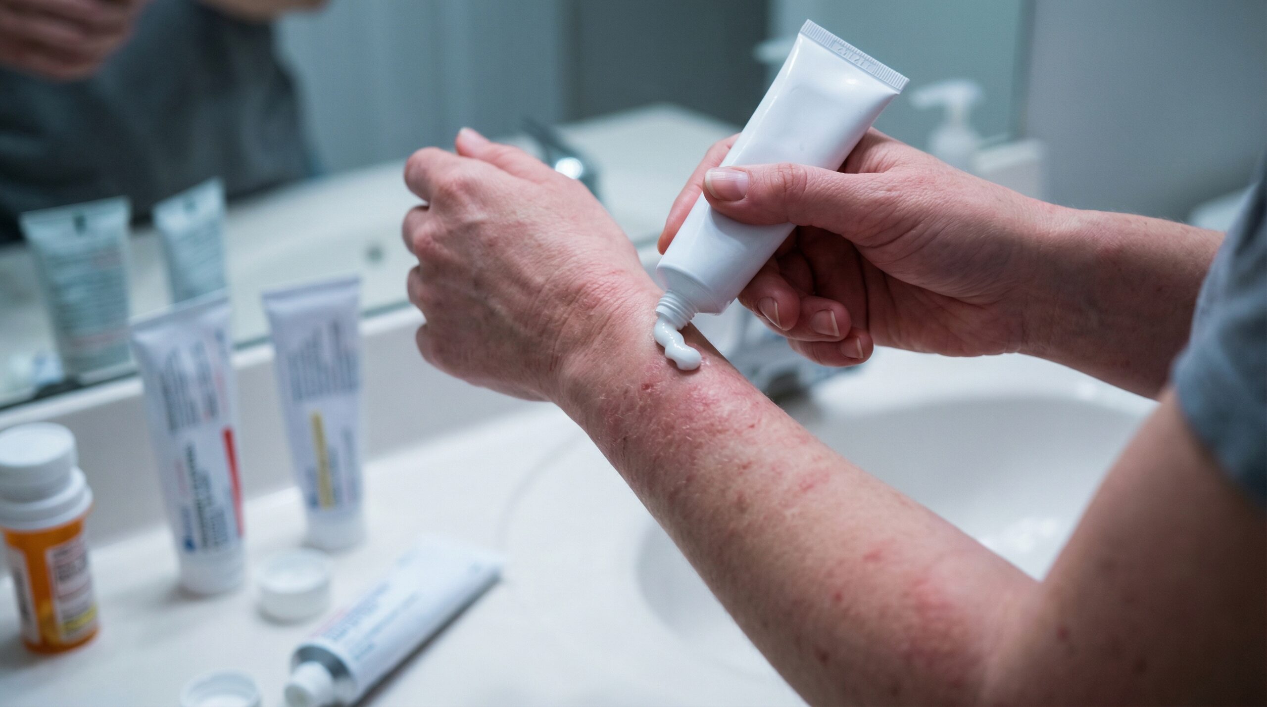 Woman applying steroid cream for eczema - the band-aid approach to symptoms