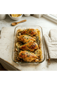 Lemon garlic chicken meal prep baking in glass dish fresh from oven