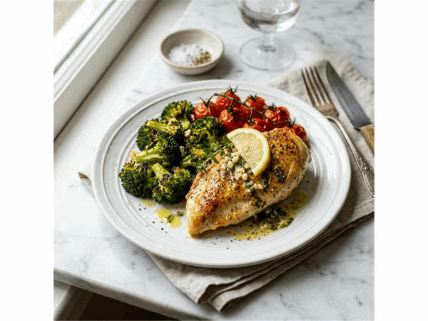 Lemon garlic chicken meal prep — golden chicken with broccoli on white plate