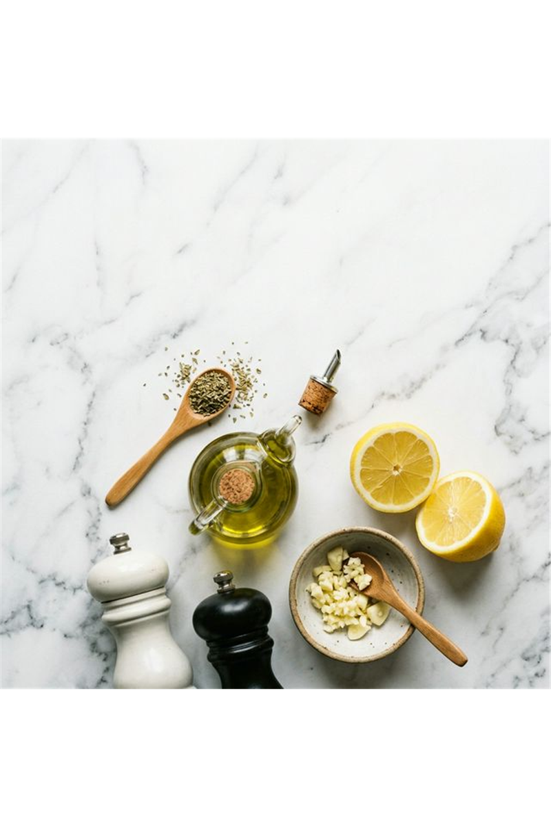 Lemon garlic chicken meal prep marinade ingredients on white marble