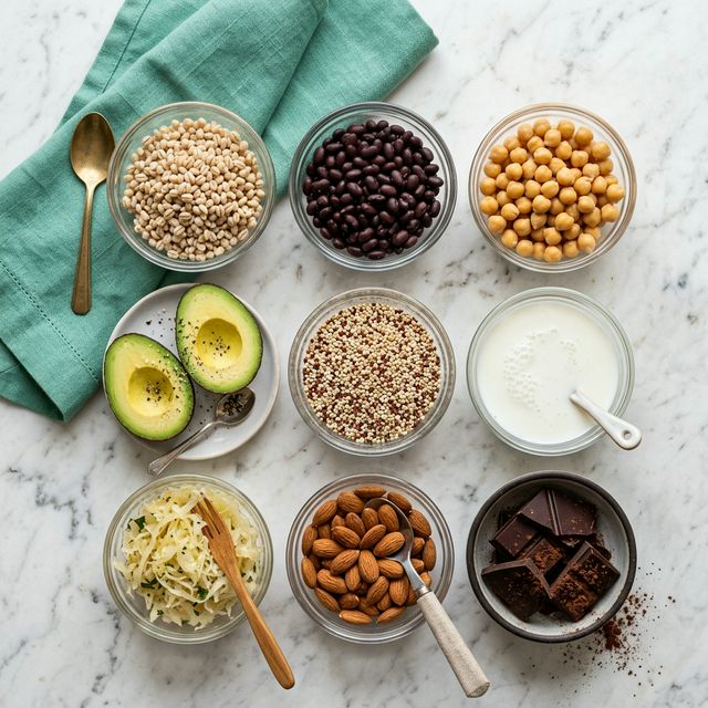Overhead flat lay of the best low glycemic index foods in small glass bowls including barley, beans, avocado, quinoa, kefir and dark chocolate