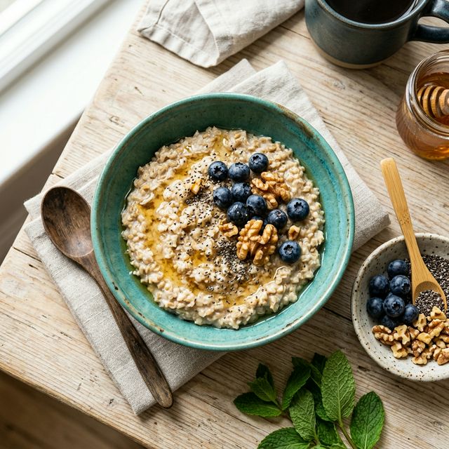Steel-cut oats breakfast bowl with blueberries, walnuts and chia seeds for steady brain energy all morning