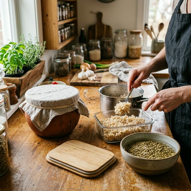 Kitchen meal prep scene showing sourdough bread fermenting, rice cooling in a glass container and lentils soaking in water