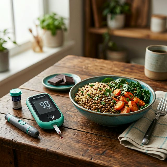 Blood glucose meter beside a colorful plate of low glycemic index foods including carrots and quinoa