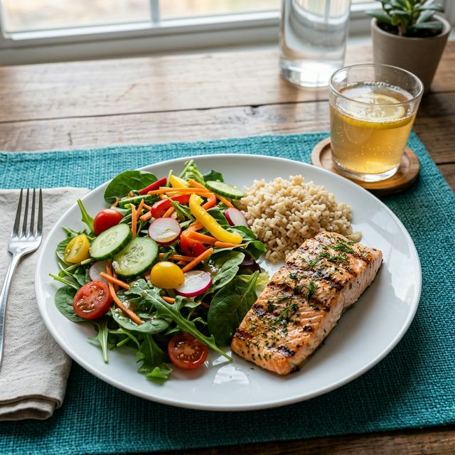 Healthy dinner plate with mixed greens, grilled salmon and brown rice showing the fiber-first eating method for blood sugar control