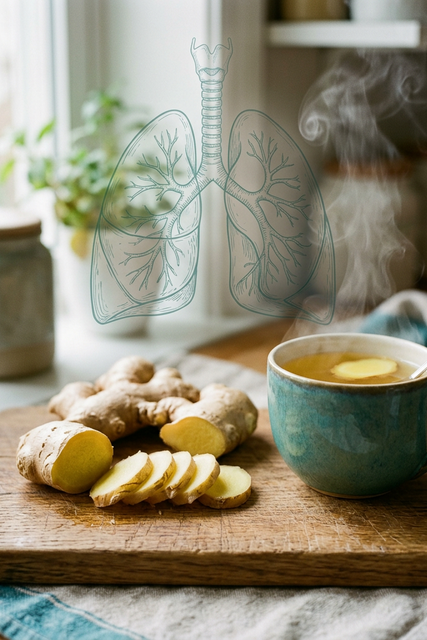 Fresh ginger root and golden ginger tea for herbal tea benefits targeting lung health and respiratory inflammation