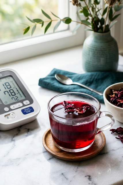 Ruby-red hibiscus tea with blood pressure monitor showing herbal tea benefits for heart health
