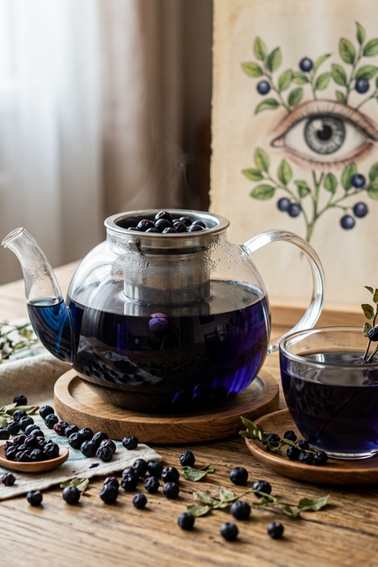 Deep blue-purple bilberry tea in glass teapot showing herbal tea benefits for retinal health and eye strain