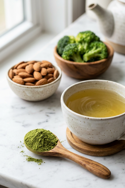 Green moringa tea powder and cup showing herbal tea benefits for bone strength and calcium support