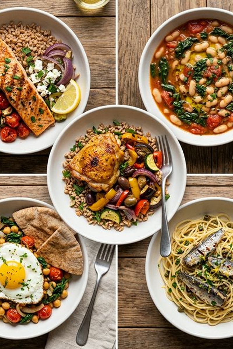 Mediterranean grocery list five Week 1 dinners collage: Greek salmon farro bowl, white bean tomato stew, roasted chicken thigh with Mediterranean vegetables, chickpea spinach sauté with fried egg, sardine pasta aglio olio
