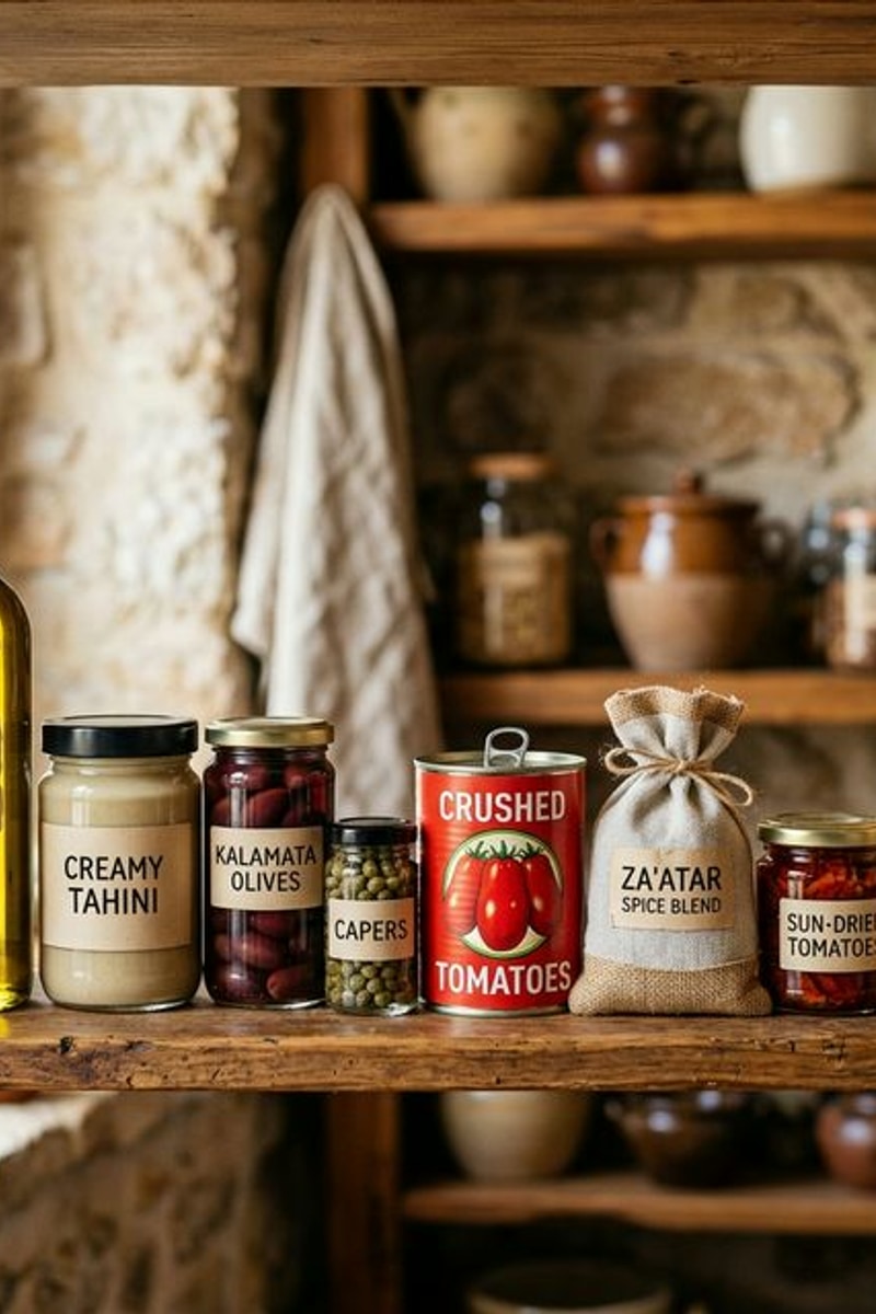 Mediterranean grocery list pantry shelf beautifully organized with 10 foundational staples: extra virgin olive oil bottle, tahini jar, kalamata olives, capers, crushed tomatoes can, za'atar blend, dried oregano, cumin, sun-dried tomatoes in oil