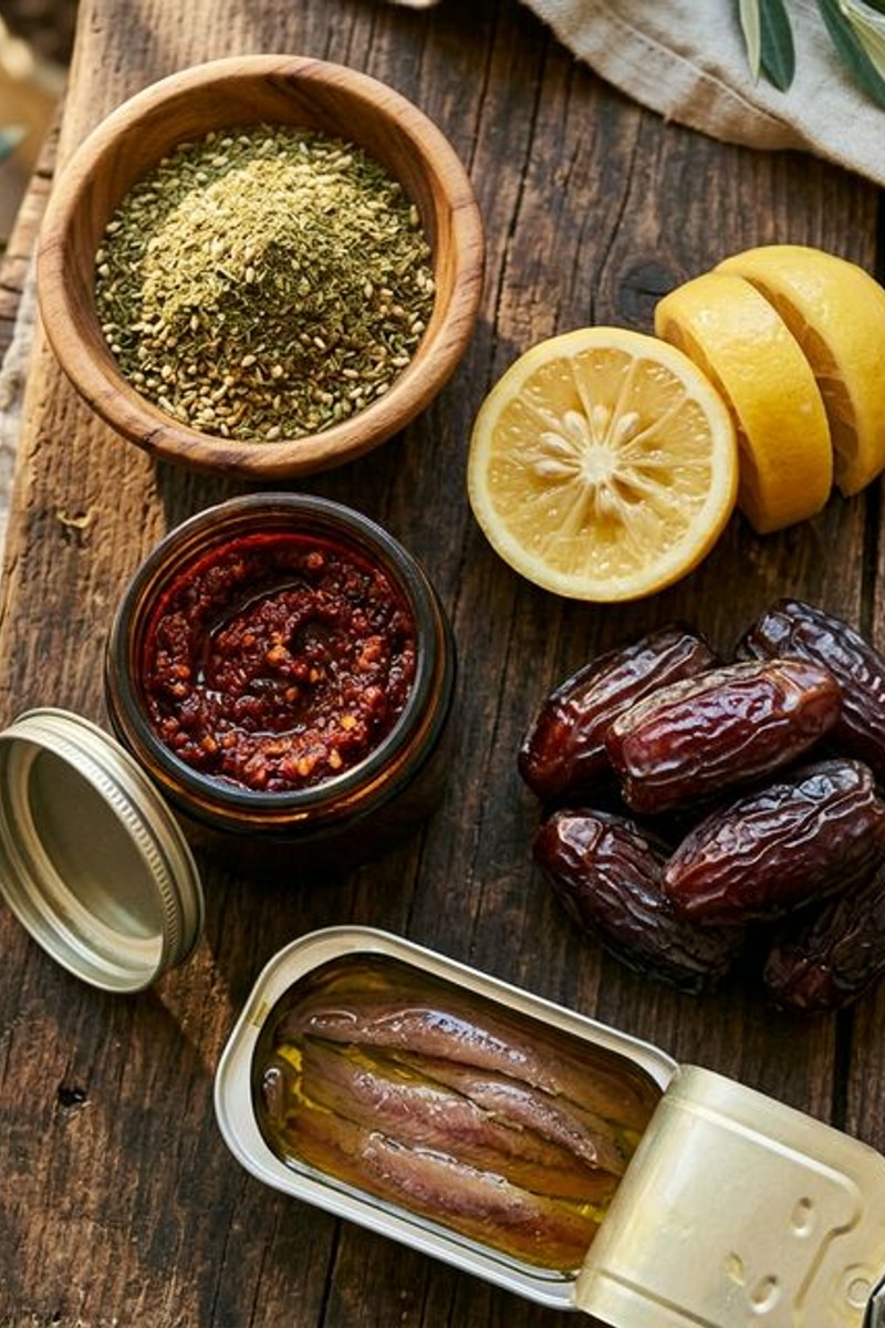 Mediterranean grocery list upgrade specialty ingredients: wooden bowl of za'atar herb blend, jar of red harissa paste, two preserved lemons cut open, pile of medjool dates, open anchovy tin in olive oil