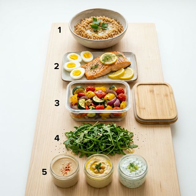 The 5 Mediterranean meal prep components arranged vertically: farro grain, baked salmon and eggs, roasted vegetables, fresh arugula, and three mason jar sauces