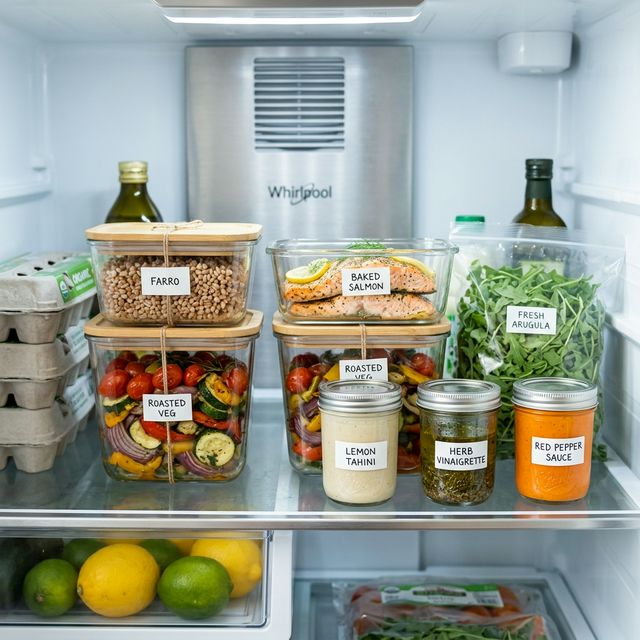 Mediterranean meal prep organized in open refrigerator: glass containers with farro, roasted vegetables, baked salmon portions, fresh arugula, and three mason jar sauces