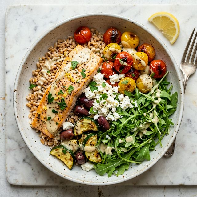 Beautiful assembled Mediterranean grain bowl with farro, golden baked salmon, bright arugula, roasted cherry tomatoes, kalamata olives, feta, and creamy lemon tahini drizzle
