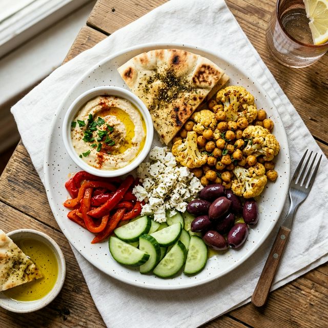 Mediterranean mezze lunch plate: hummus with olive oil drizzle, roasted chickpeas, kalamata olives, feta crumbles, roasted red peppers, cucumber, and warm pita bread