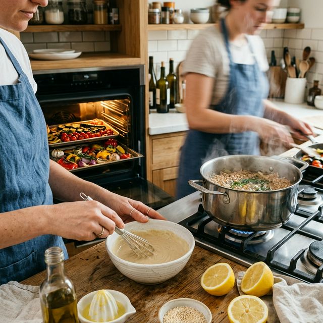 Sunday Mediterranean meal prep in action: oven trays with roasted vegetables, pot of farro simmering on stove, hands whisking tahini sauce with lemons nearby