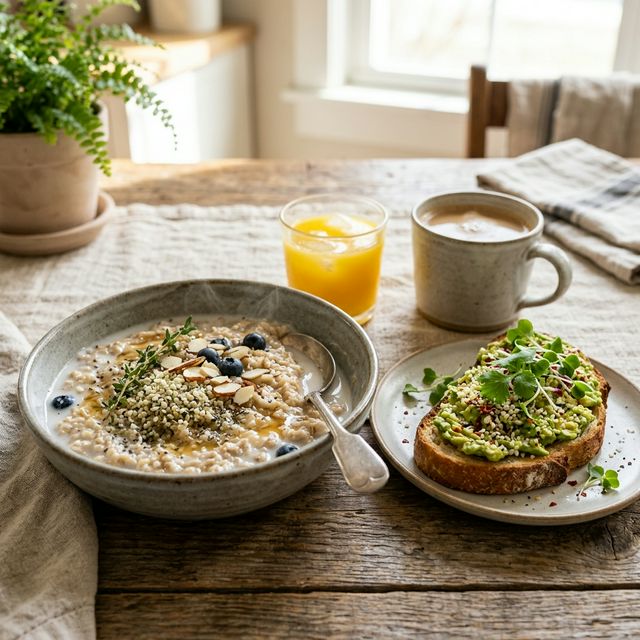 Healthy fat-rich breakfast with oatmeal, hemp seeds, and avocado toast