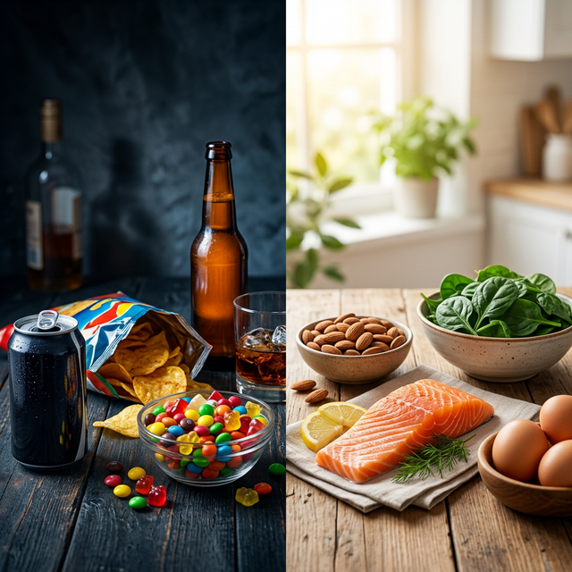 Split image showing foods that damage nails on the left (soda, chips, alcohol) and healthy whole foods on the right