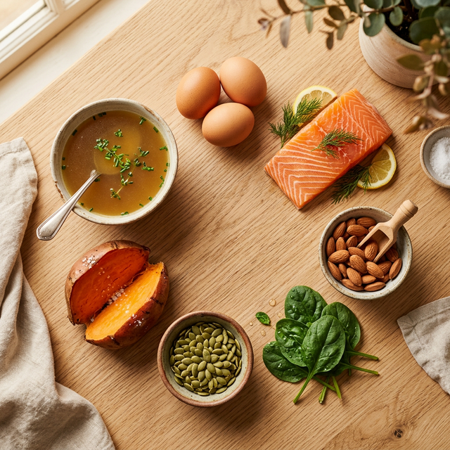 Seven best foods for healthy nails in a flat-lay: eggs, salmon fillet, almonds, spinach, pumpkin seeds, sweet potato, and bone broth