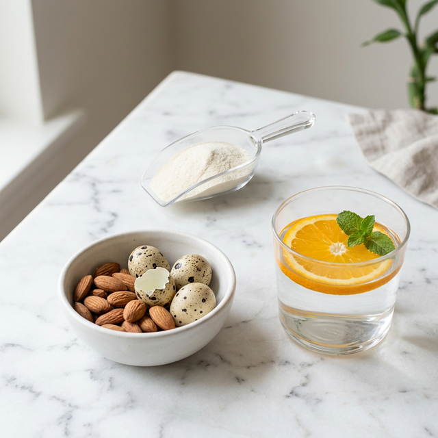 Collagen peptide powder in a glass scoop next to eggs, almonds, and a glass of water with orange slice — nail supplement protocol