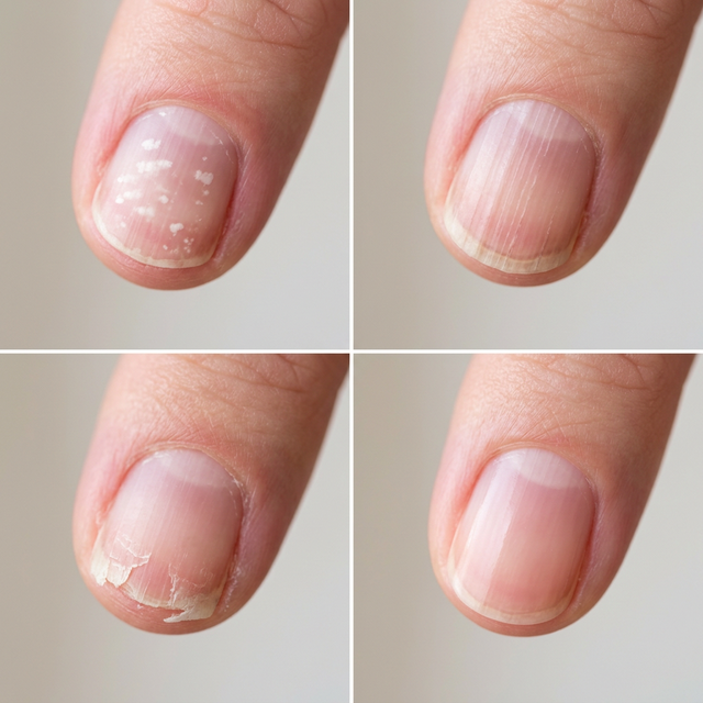 Four nail conditions side by side: white spots, vertical ridges, peeling brittle nails, and healthy nails — showing common nutritional deficiency signs