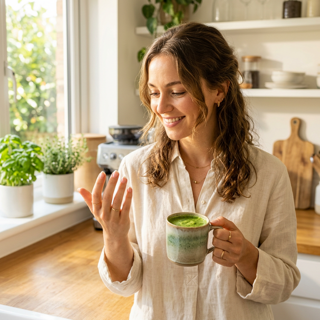 Woman examining her fingernails and smiling while holding a green smoothie, representing the 8-week nail transformation timeline