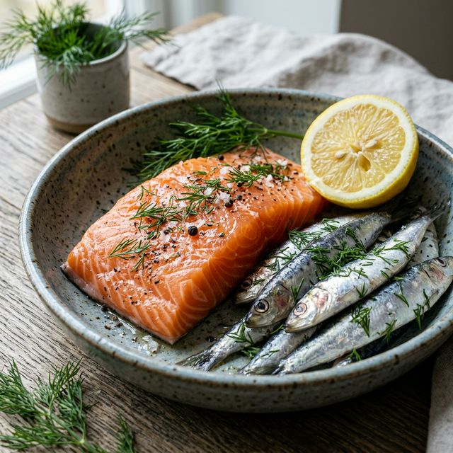 Wild salmon fillet and sardines in a ceramic dish, rich in EPA and DHA