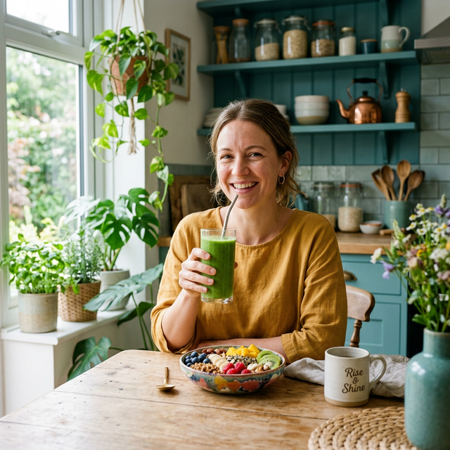 Healthy woman drinking green smoothie at kitchen table for overall organ health and wellness