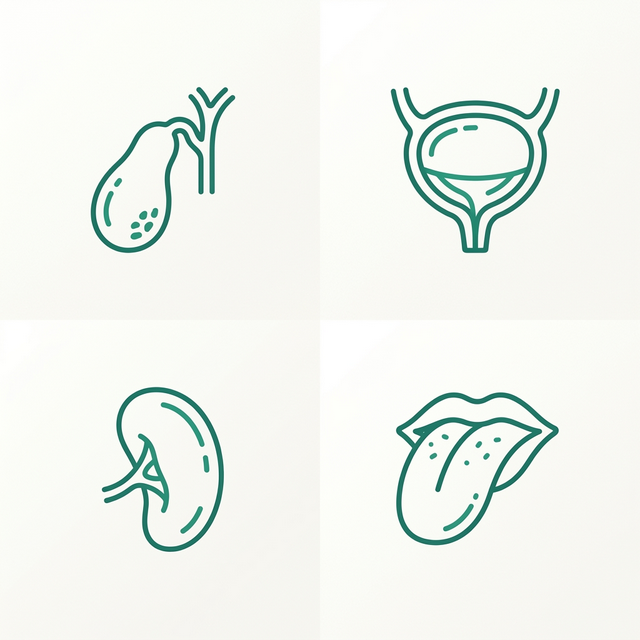 Illustration of four organs — gallbladder, bladder, spleen, and tongue — with health warning signs