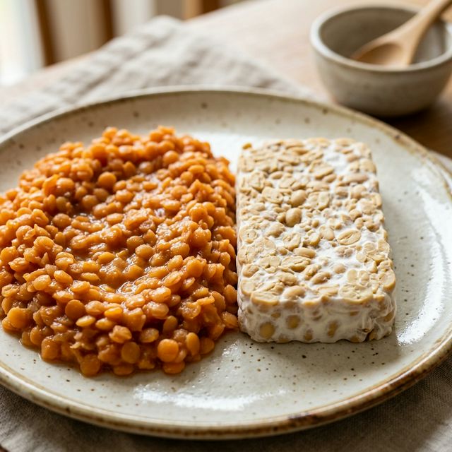 Close-up comparison of red lentils and fermented tempeh, illustrating the difference in protein absorption