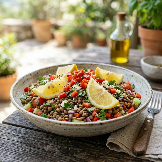 Lentil salad with fresh lemon and bell peppers, demonstrating Vitamin C and iron synergy