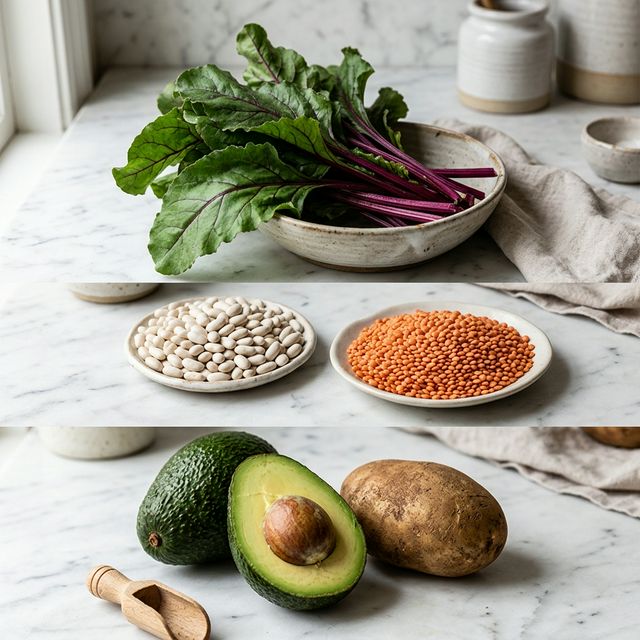 Visual ranking of potassium rich foods on white marble: beet greens, white beans and potatoes