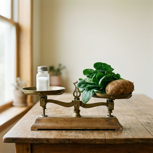 Conceptual nutrition balance scale showing sodium vs potassium rich foods like spinach and potato