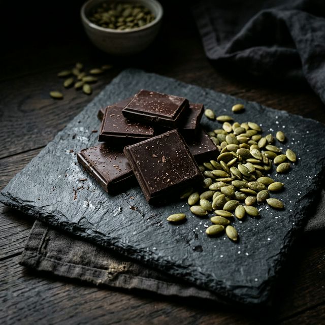Dark chocolate squares and green pumpkin seeds on a slate board