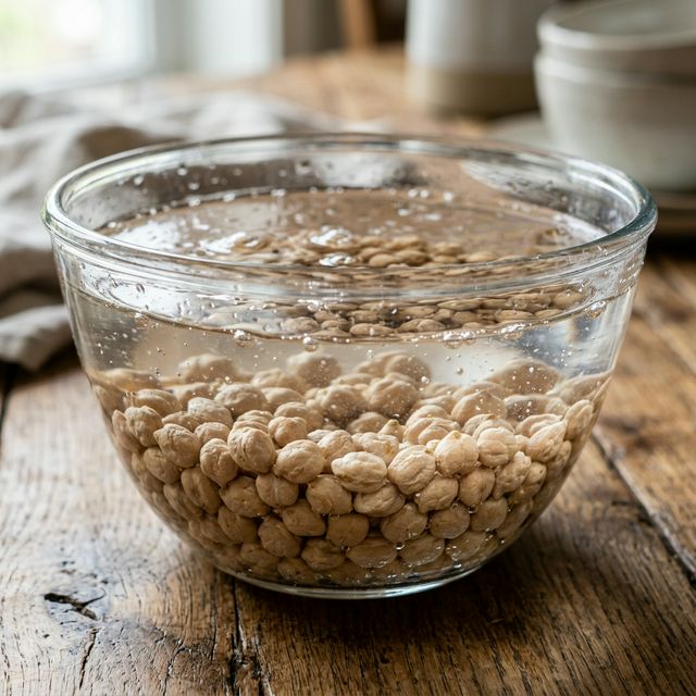 Chickpeas soaking in a glass bowl of water to reduce anti-nutrients and improve protein absorption
