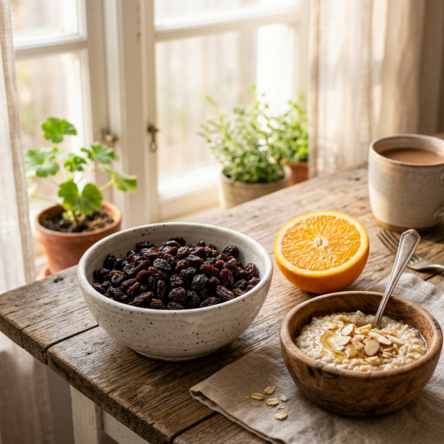 Bowl of raisins with orange slices and oatmeal for spleen immune support